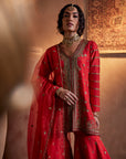 Tomato Red Hand Embroidered Sharara Set