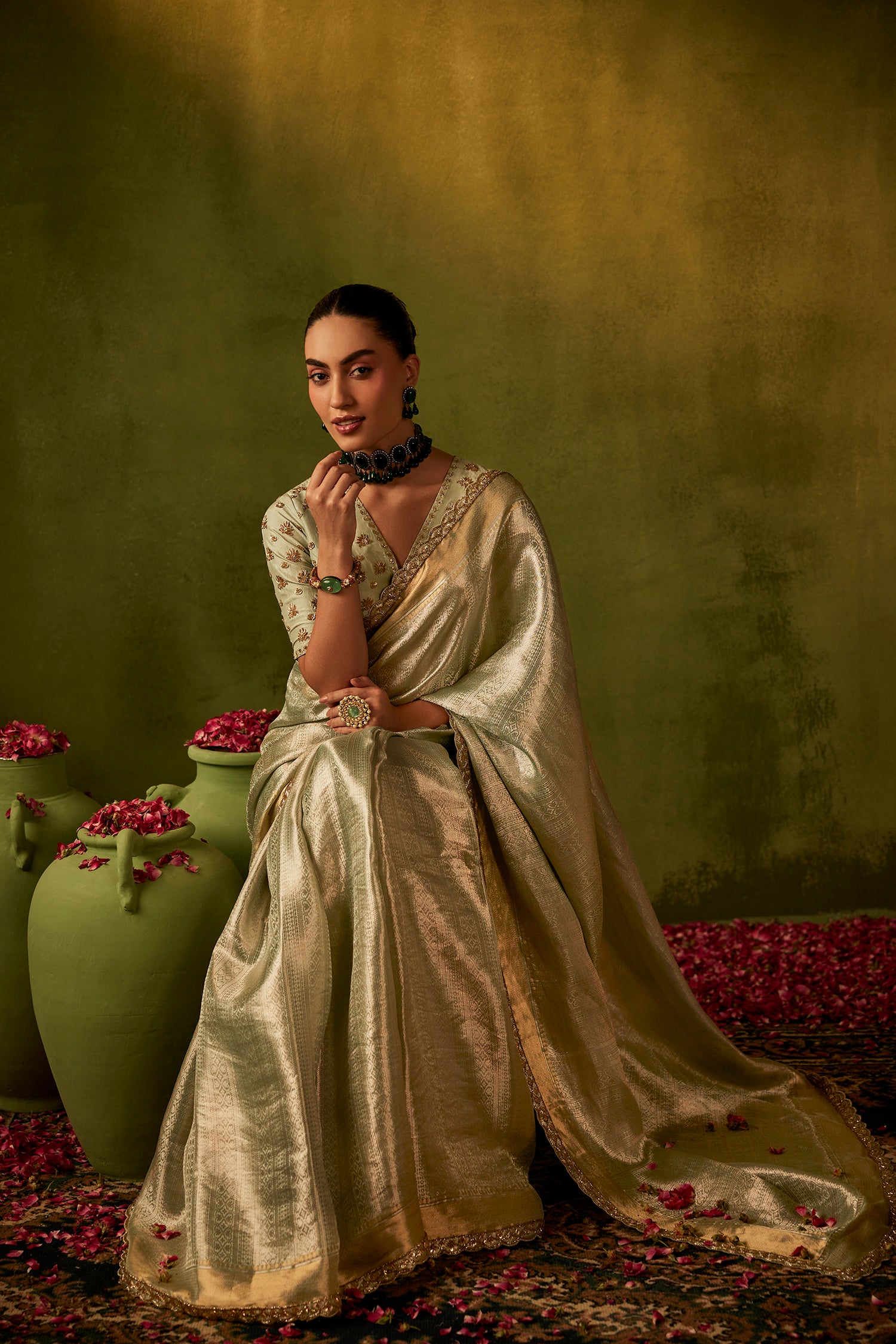 Teal Hand Embroidered Organza Tissue Saree