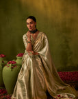Teal Hand Embroidered Organza Tissue Saree