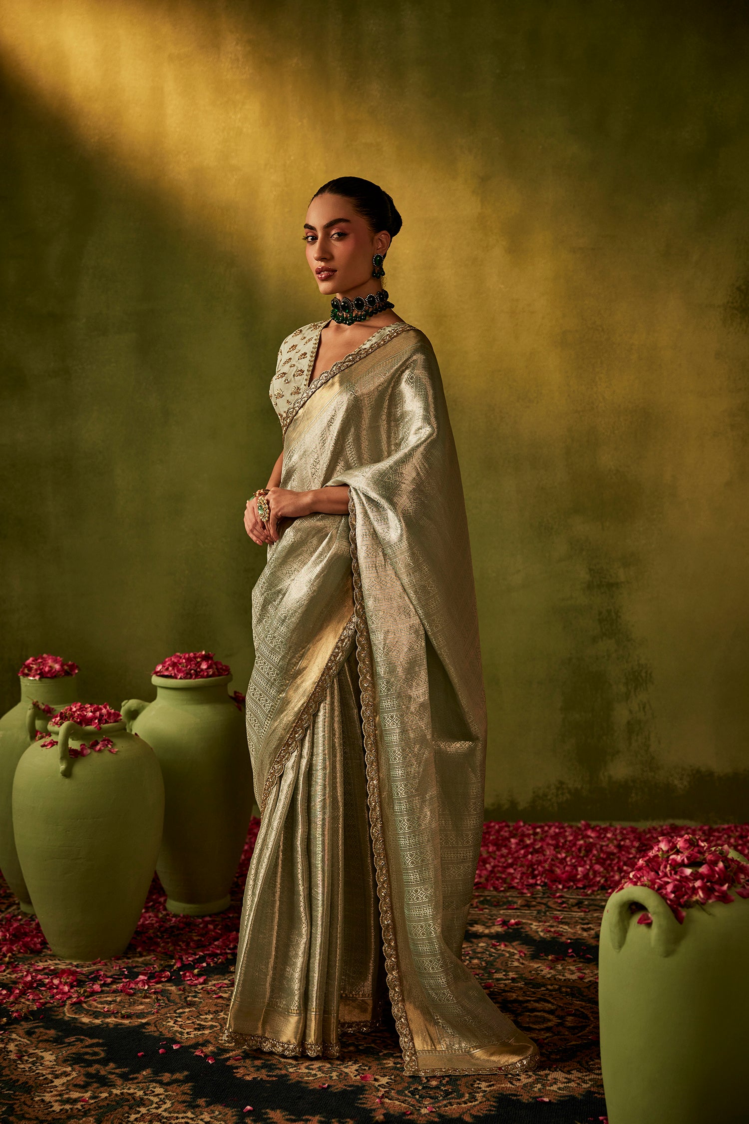 Teal Hand Embroidered Organza Tissue Saree