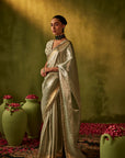 Teal Hand Embroidered Organza Tissue Saree