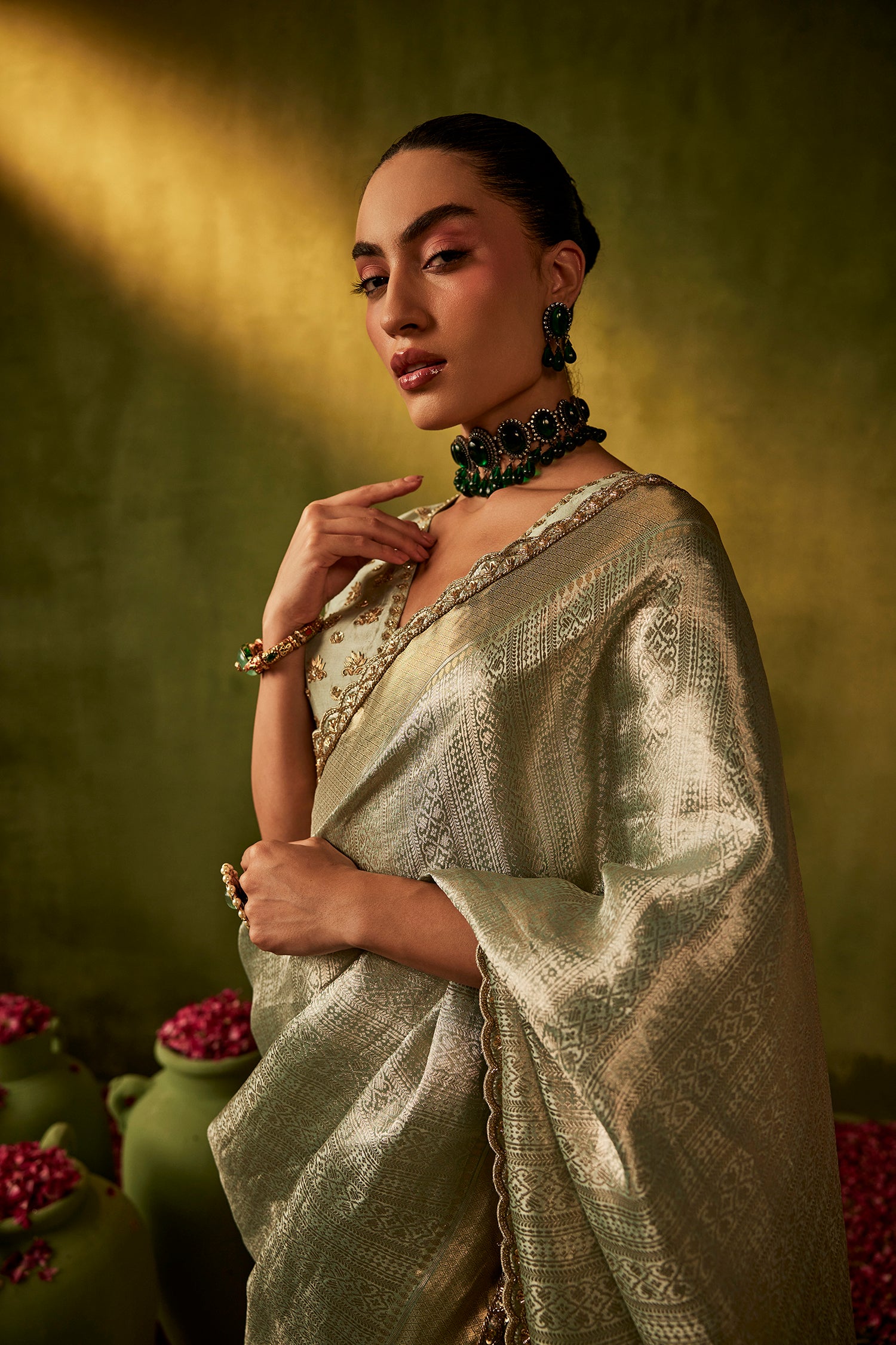 Teal Hand Embroidered Organza Tissue Saree