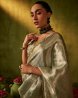 Teal Hand Embroidered Organza Tissue Saree