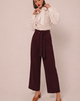 Women Maroon Pleated Wide Leg Paperbag Waist Trousers