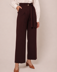 Women Maroon Pleated Wide Leg Paperbag Waist Trousers