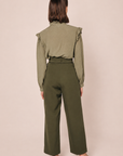 Women Olive Pleated Wide Leg Paperbag Waist Trousers