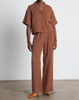 Women Rust Pleated Wide Leg Trousers with Belt Loops