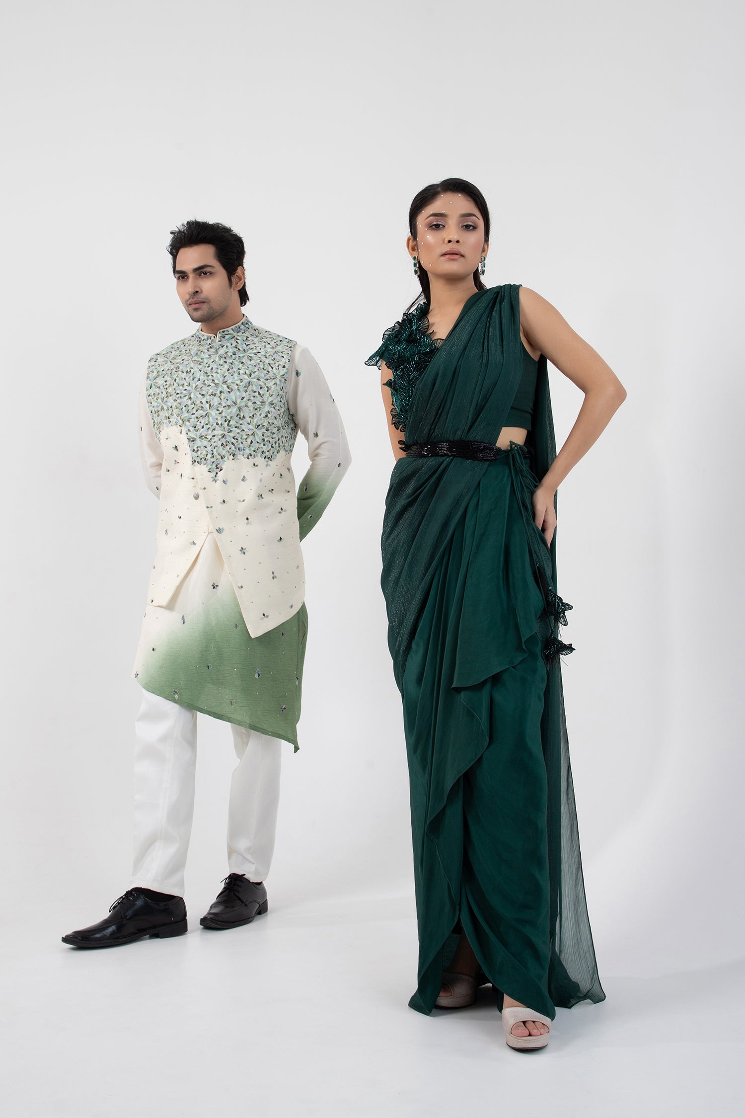 Emerald 3D Floral Blouse and Drape Saree Set