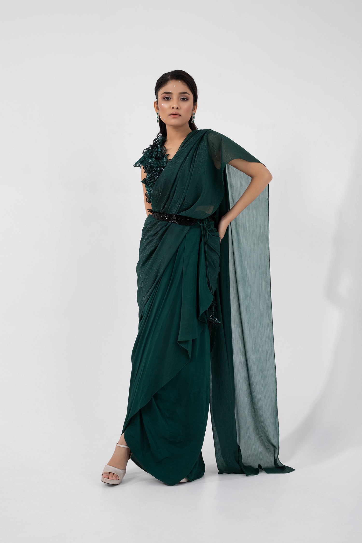 Emerald 3D Floral Blouse and Drape Saree Set