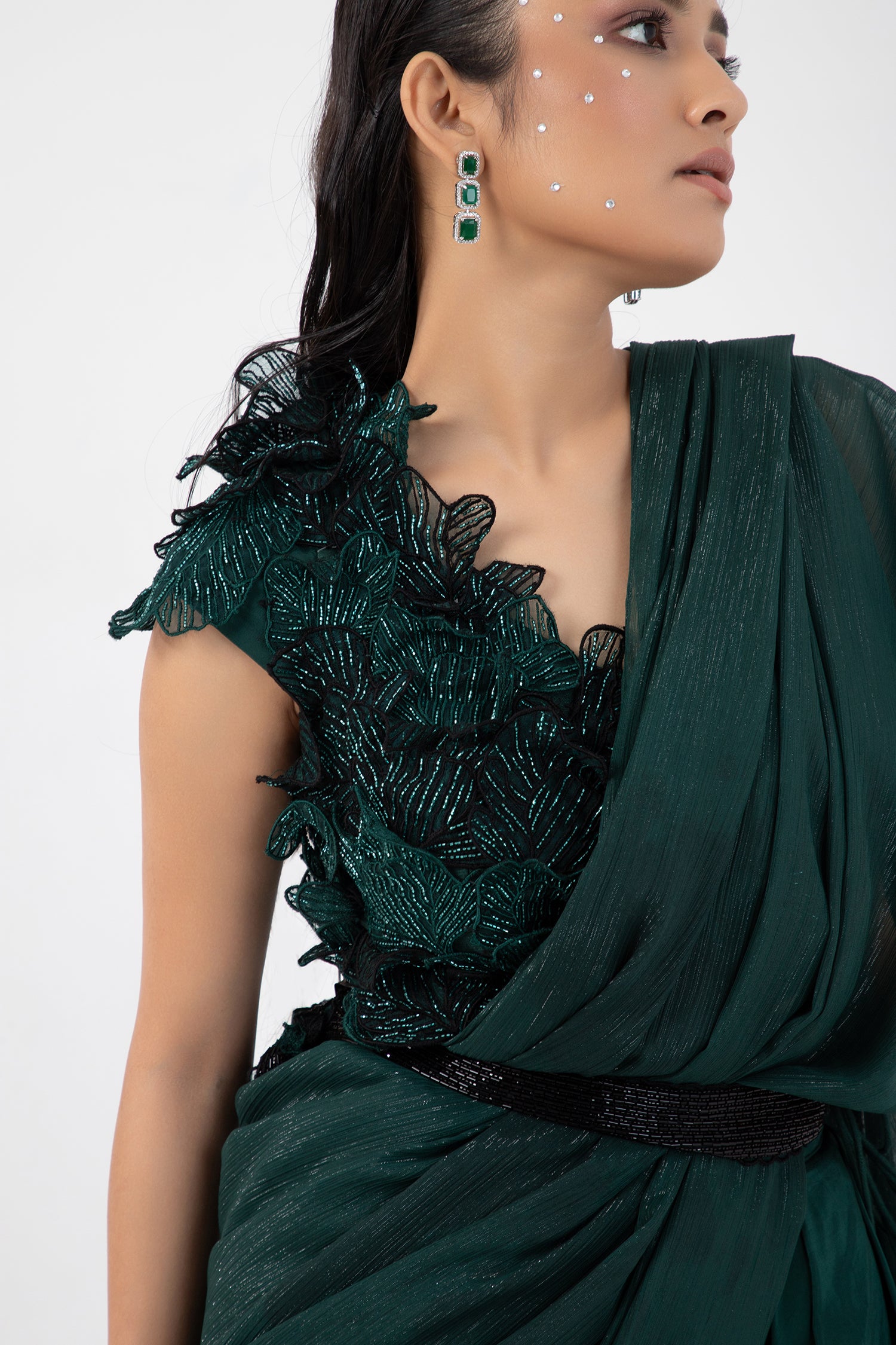 Emerald 3D Floral Blouse and Drape Saree Set