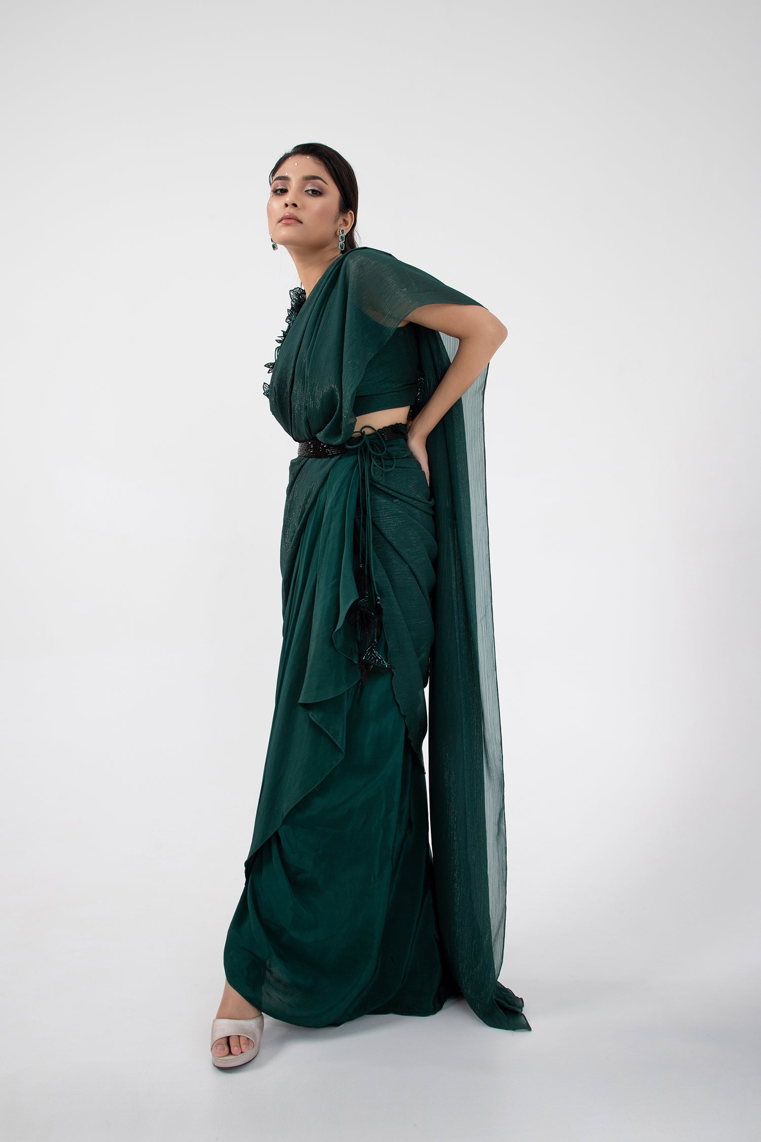 Emerald 3D Floral Blouse and Drape Saree Set