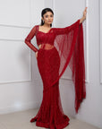 Ruby Red Embellished Drape Saree Set