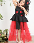 Black N Red Dress with 3D Flowers and Net Detailing