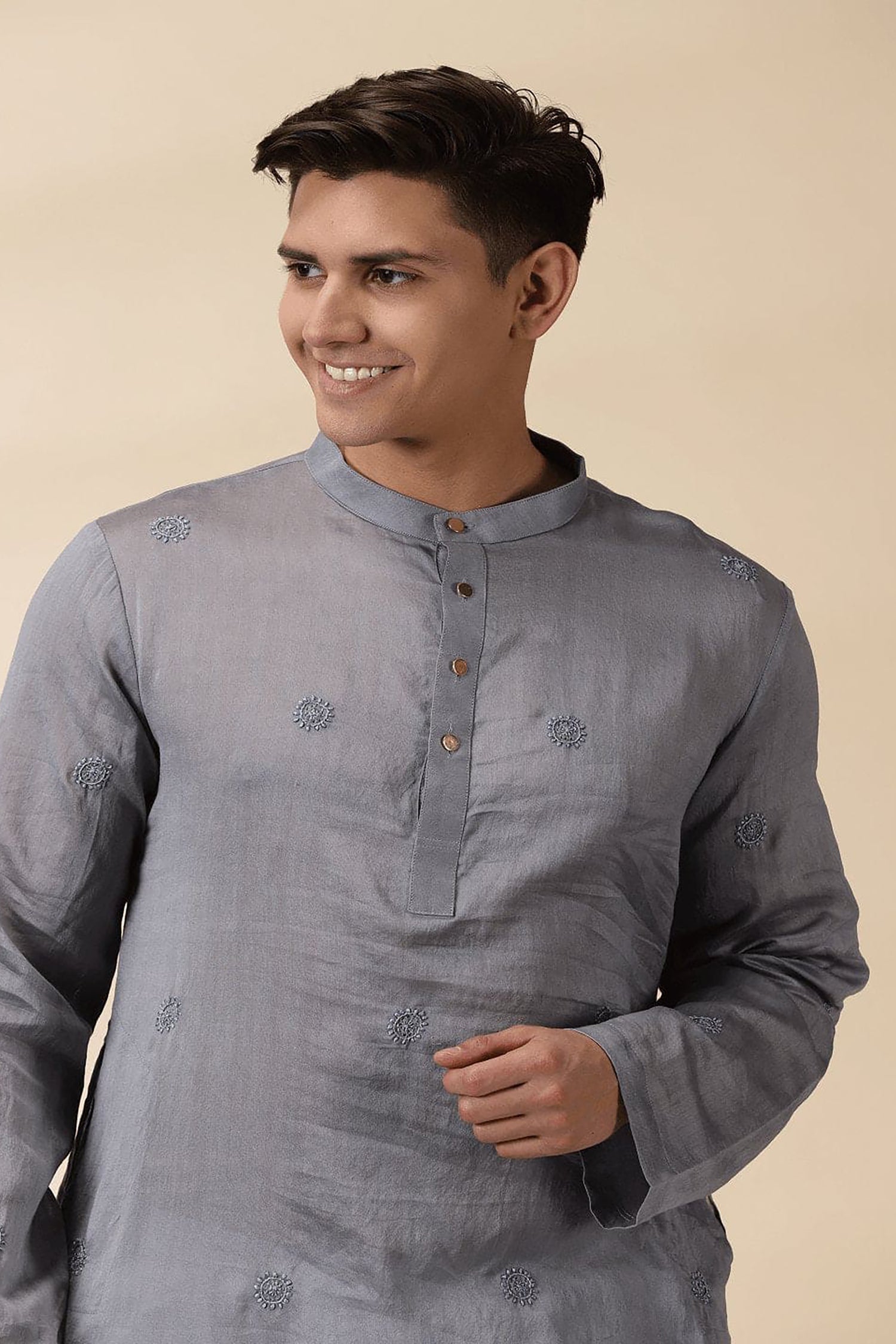 Chanderi Men's Achkan Jacket & Kurta Set - Grey