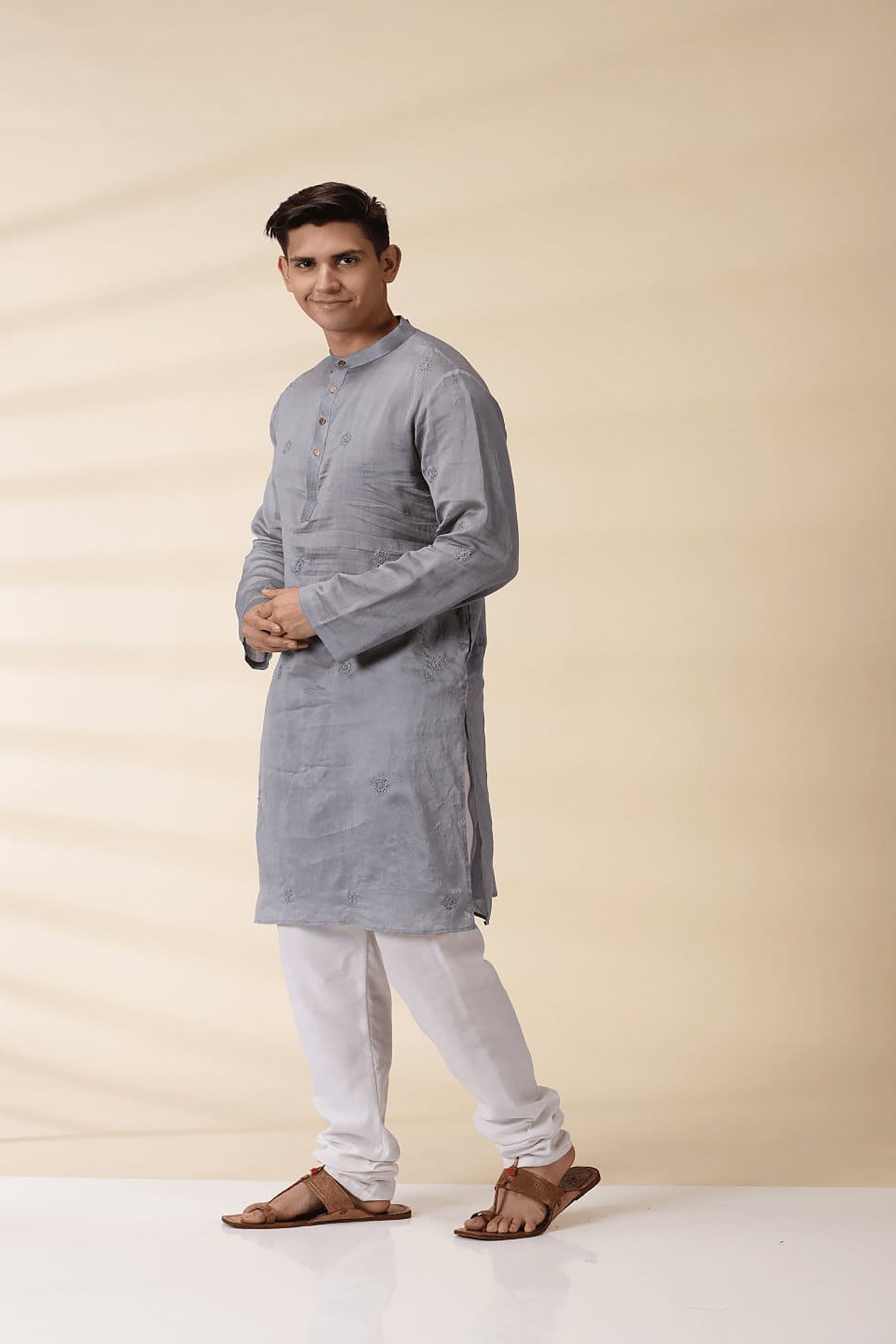 Chanderi Men's Achkan Jacket & Kurta Set - Grey