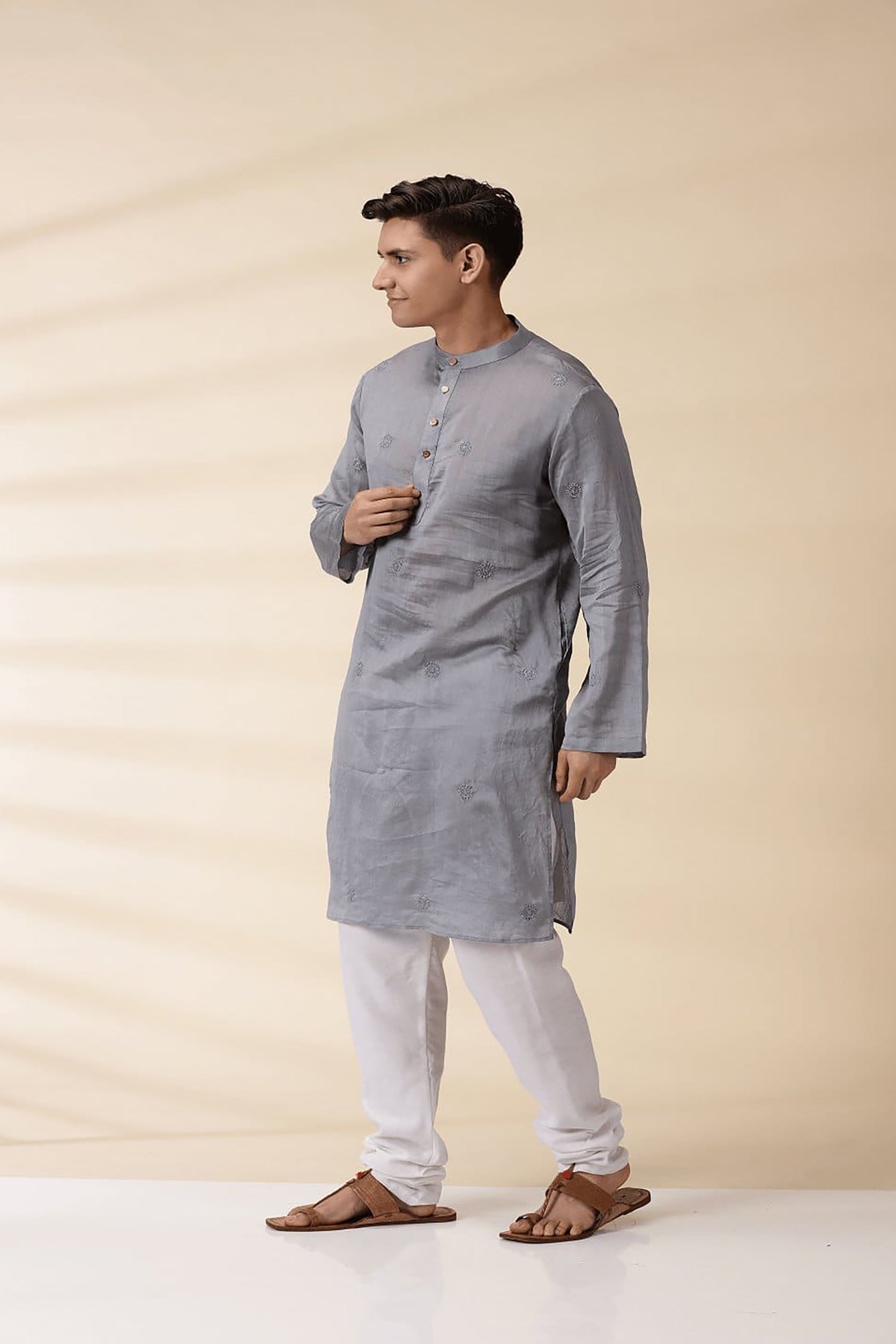 Chanderi Men's Achkan Jacket & Kurta Set - Grey