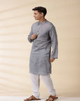 Chanderi Men's Achkan Jacket & Kurta Set - Grey