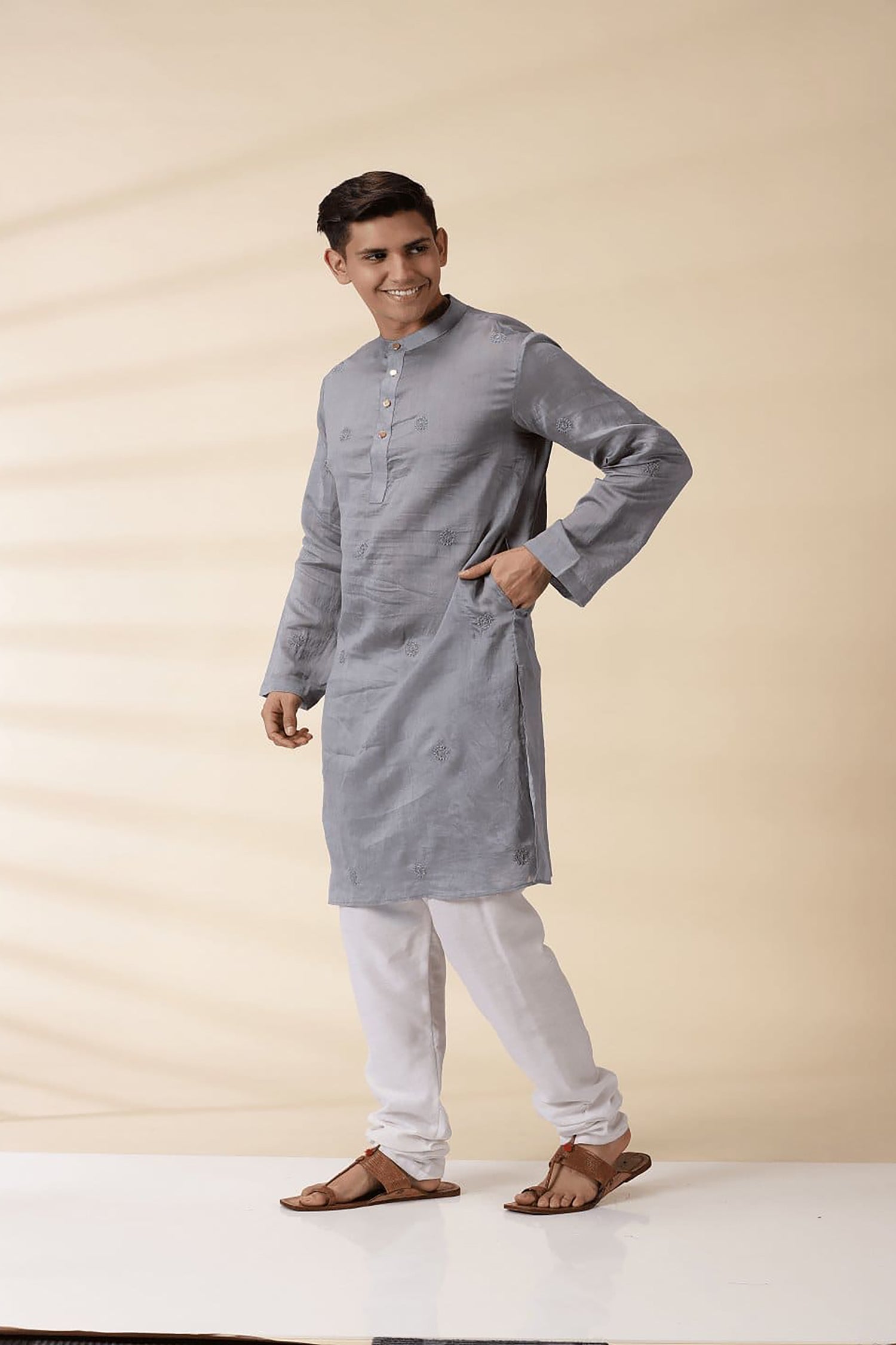 Chanderi Men's Achkan Jacket & Kurta Set - Grey