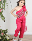 Hot Pink Off Shoulder Jumpsuit with Attach Draoe and Stone and Beads Work
