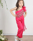 Hot Pink Off Shoulder Jumpsuit with Attach Draoe and Stone and Beads Work