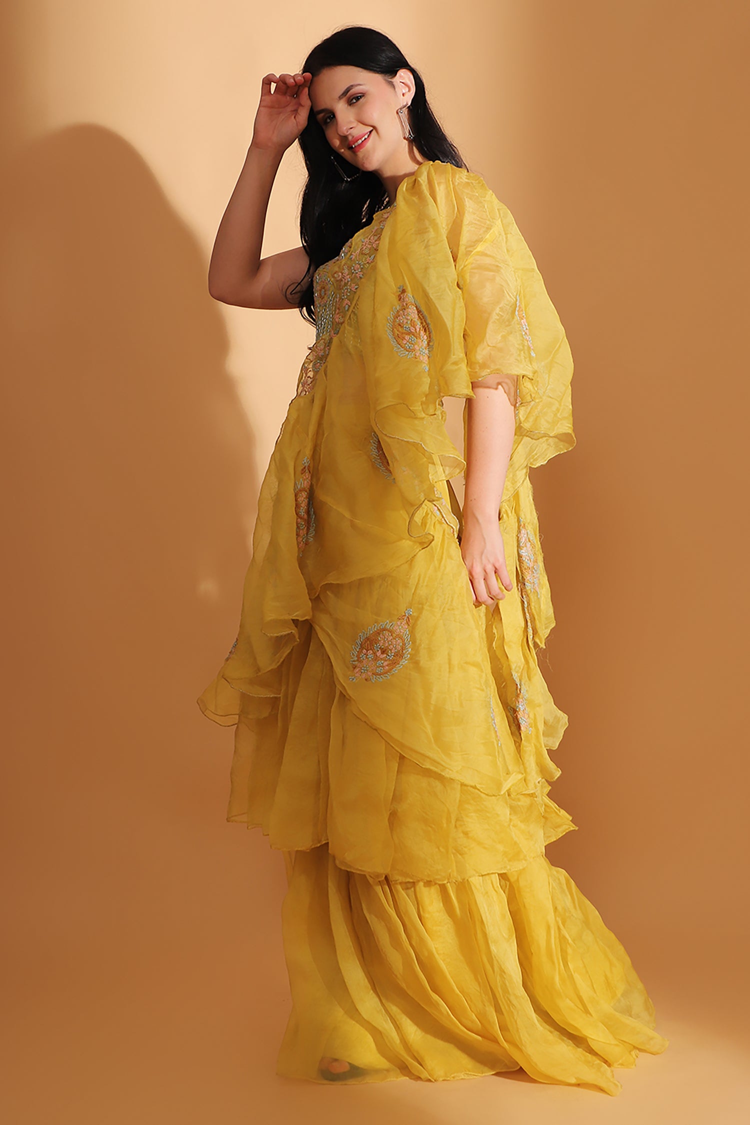 Off-Shoulder Corset Top & Cowl Drape Skirt - Yellow