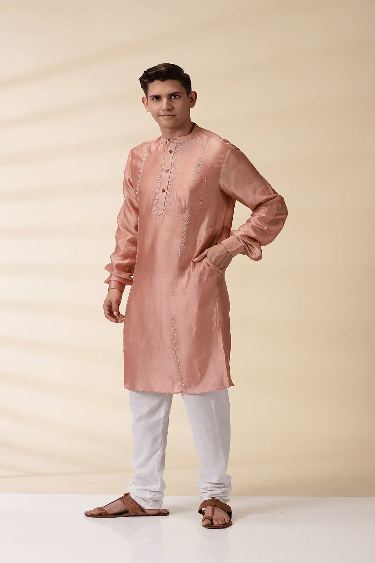Chanderi Men Sadri & Kurta Set - Peach