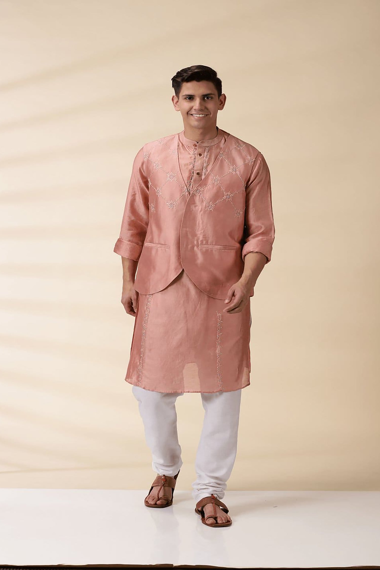 Chanderi Men Sadri & Kurta Set - Peach