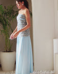 Powder Blue Ajrakh Embroidered Off Shoulder Top With Pleated Pants