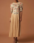 Beige Embroidered Yoke Gathered Dress
