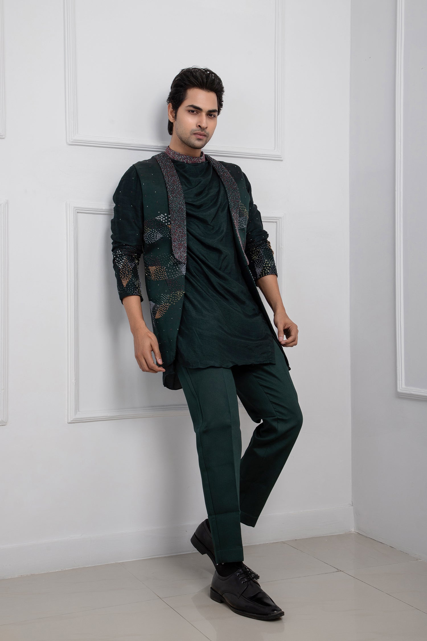 Hidden Forest Green Nehru and Cowl Kurta Set