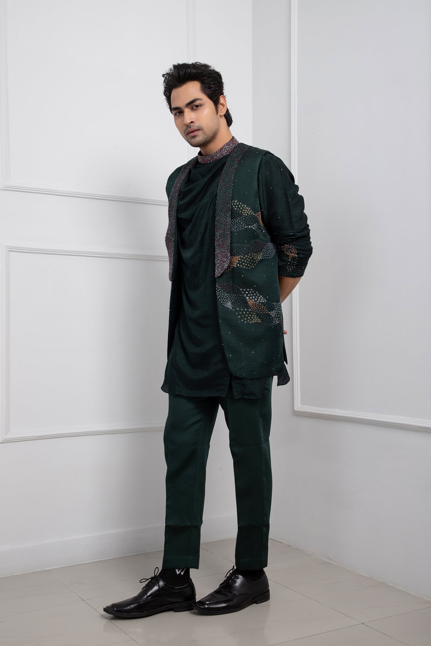 Hidden Forest Green Nehru and Cowl Kurta Set