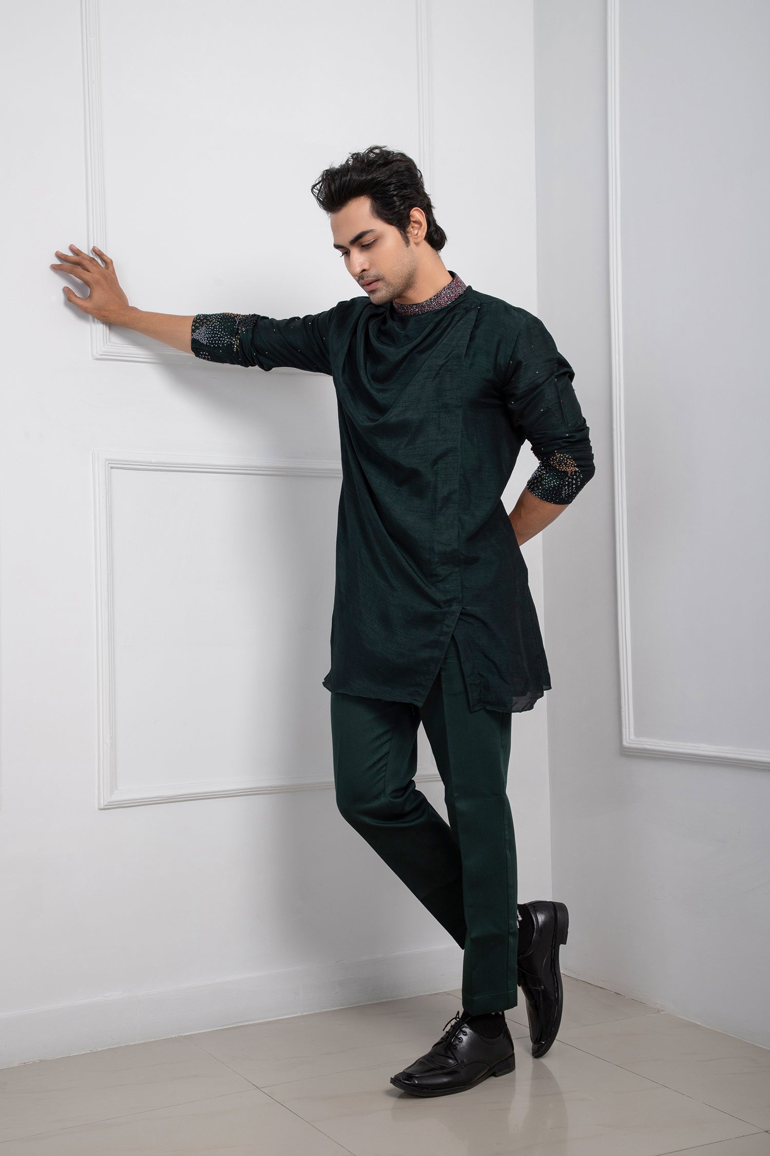 Hidden Forest Green Nehru and Cowl Kurta Set