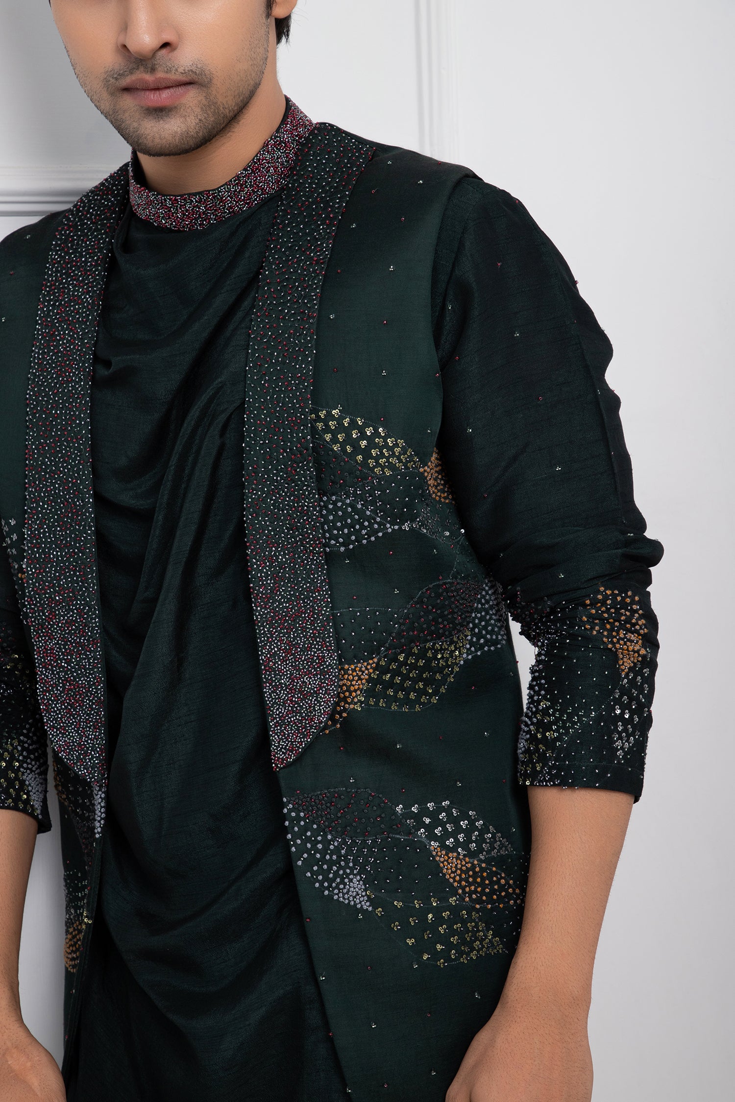 Hidden Forest Green Nehru and Cowl Kurta Set