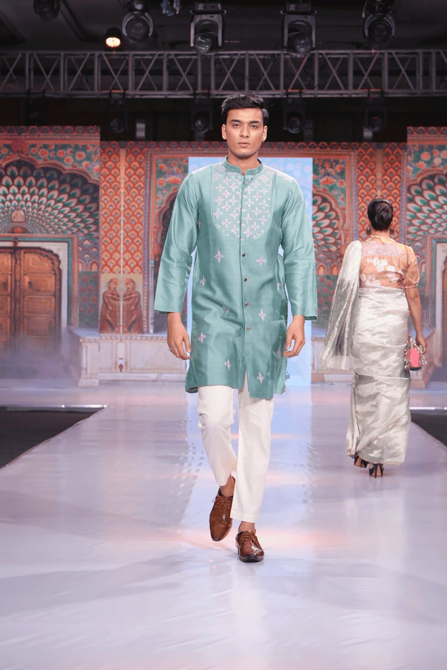 Chikankari Silk Men Kurta Set - Turquoise