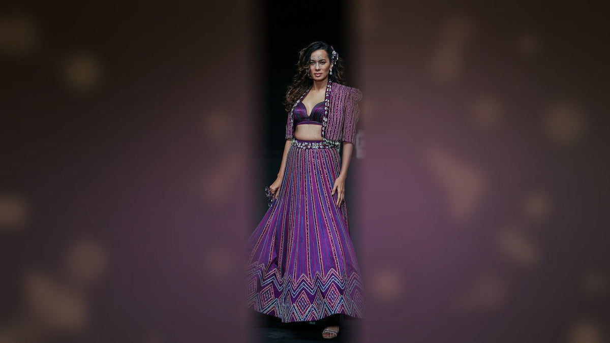 Dark purple ajrakh lehenga for wedding guest guide