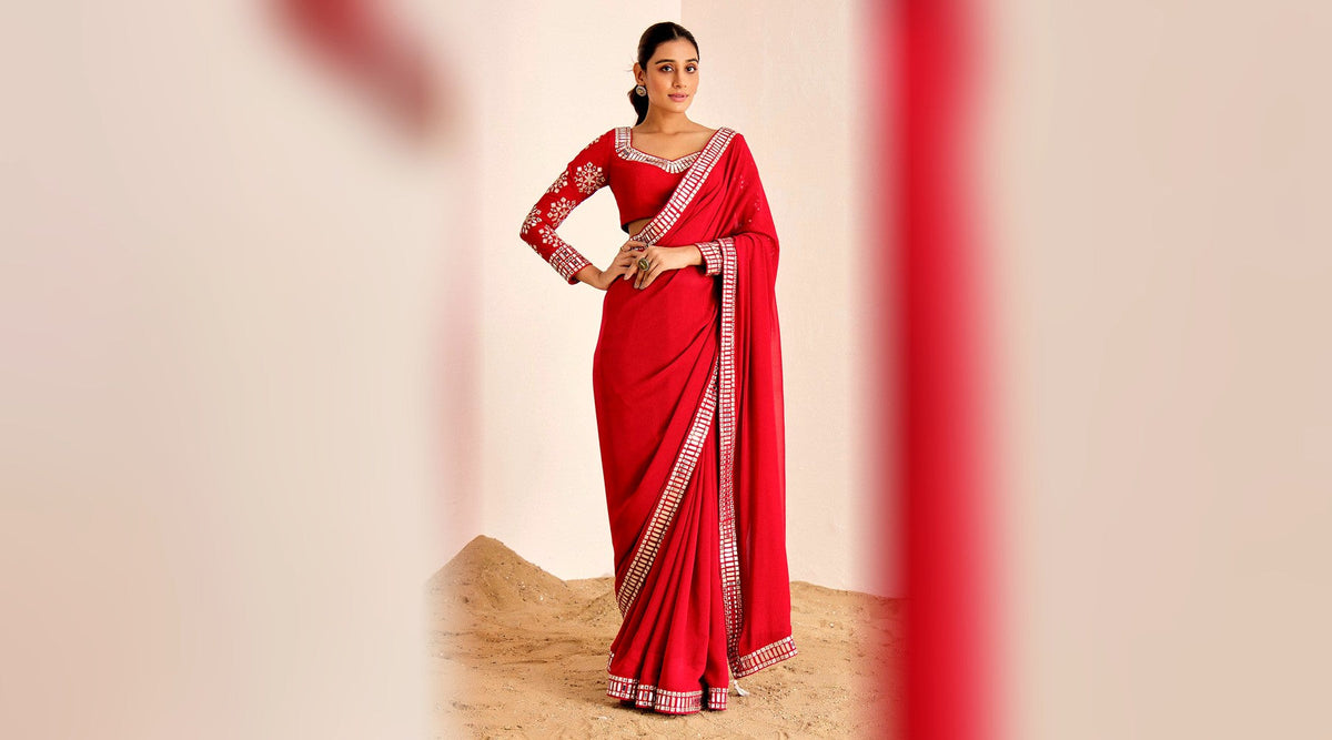 Red mirror work saree with heavy embroidered blouse for Karwa Chauth — Suruchi Parakh