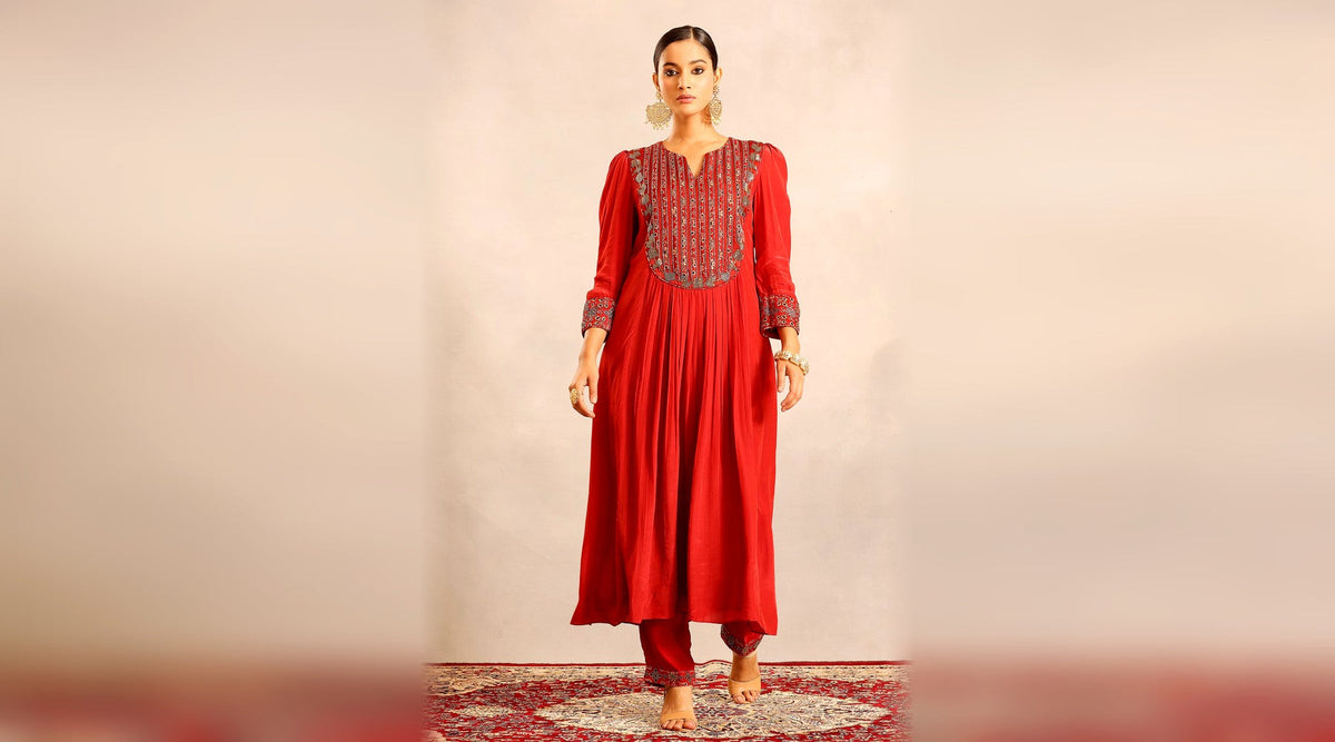 Venetian red gathered kurti with ajrakh embroidered yoke and pants worn for Bhai Dooj — Sejal Kamdar