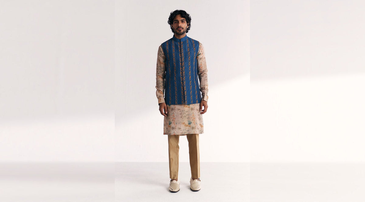 Musawir Blue Nehru Jacket Set by Studio Bagechaa at Fashefy