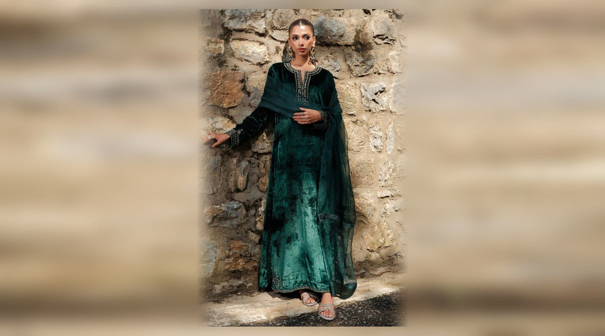 Bottle green velvet suit set for a winter wedding - Khushboo and Pankaj at Fashefy