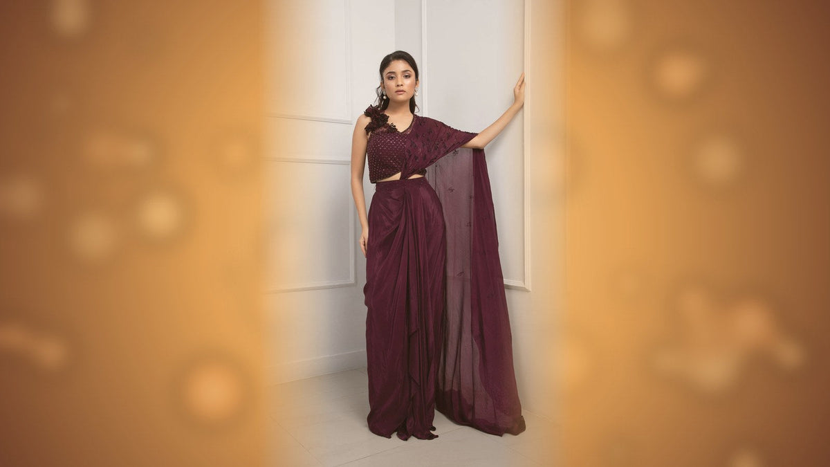 Plum pre-draped saree for Diwali 2026 - pre-draped sarees for Diwali and sangeet at Fashefy