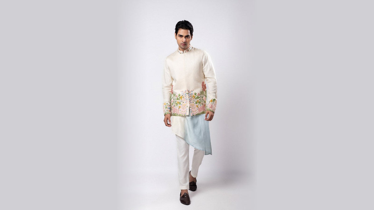 Multicolor embroidered Nehru jacket and kurta set for men - Diwali outfits for men 2026 by Smriti at Fashefy