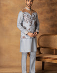 Grey Printed Nehru Jacket Set