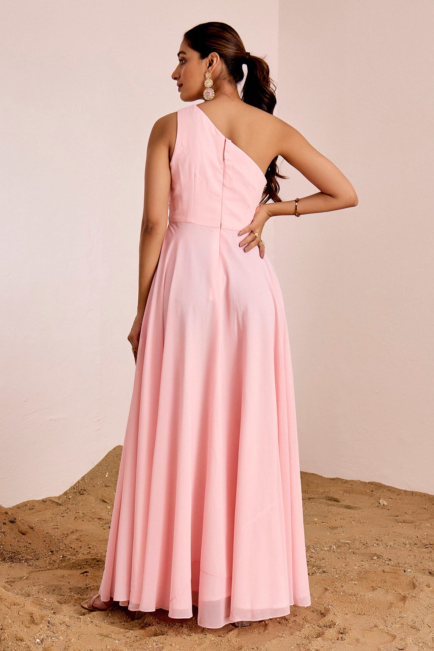 One Shoulder Hand Embroidered Gown with Cutwork Neckline