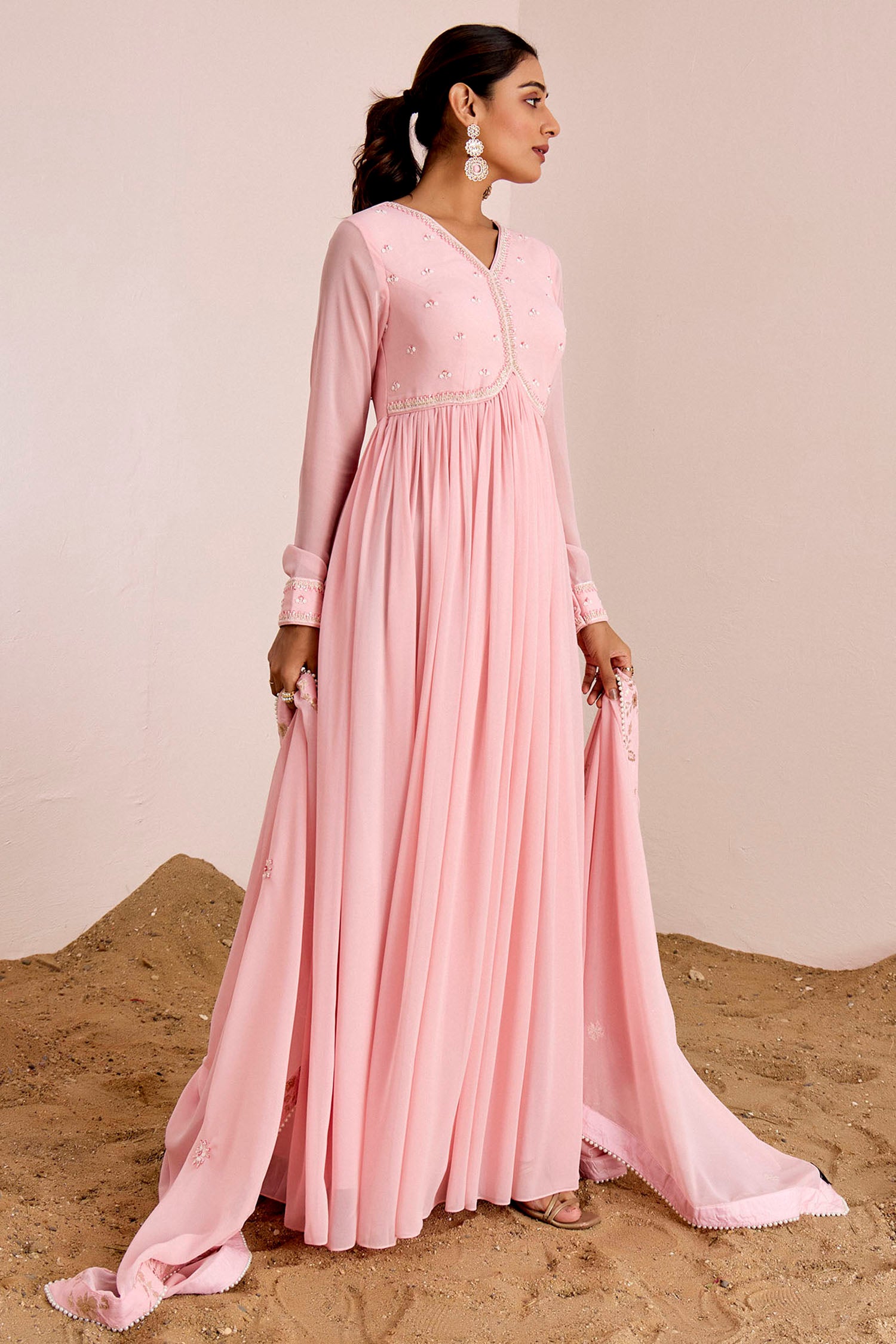 Gathered Anarkali with Hand Embroidered Yoke and Georgette Dupatta