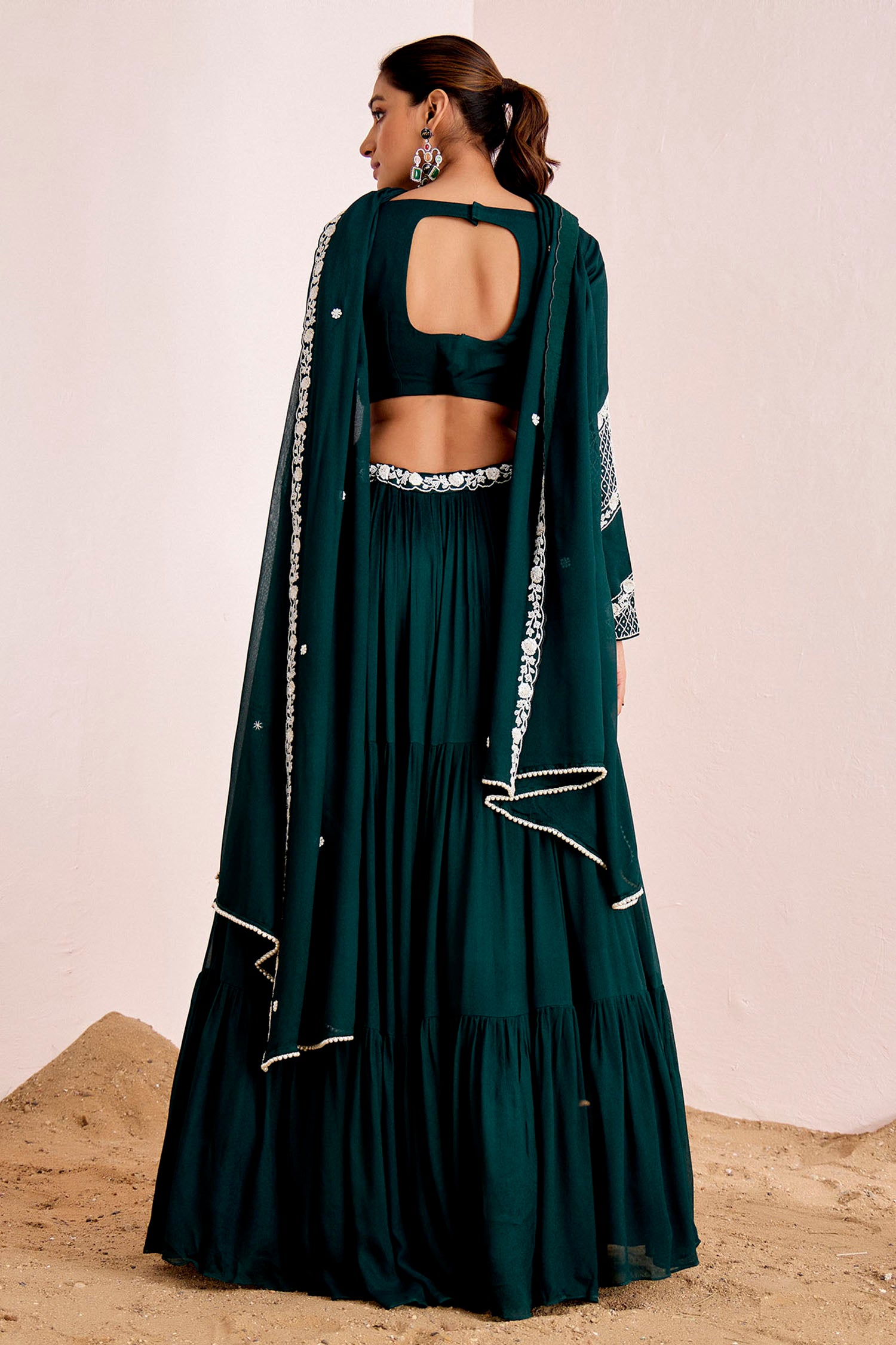 Three-Tiered Lehenga with Hand Embroidered Blouse and Pearl Detailed Dupatta