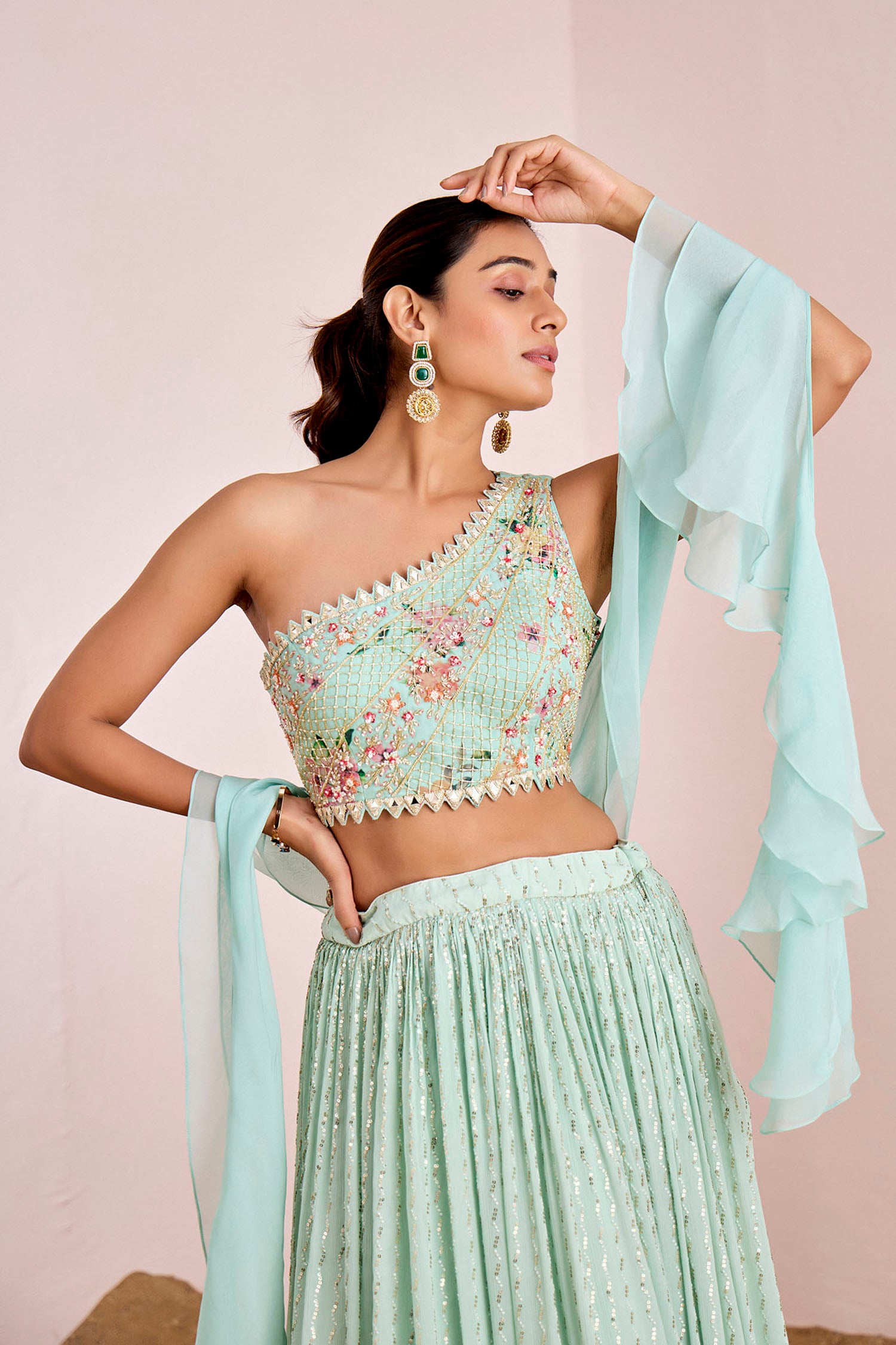 Zigzag Sequin Lehenga with One Shoulder Hand Embroidered Blouse and Ruffle Dupatta