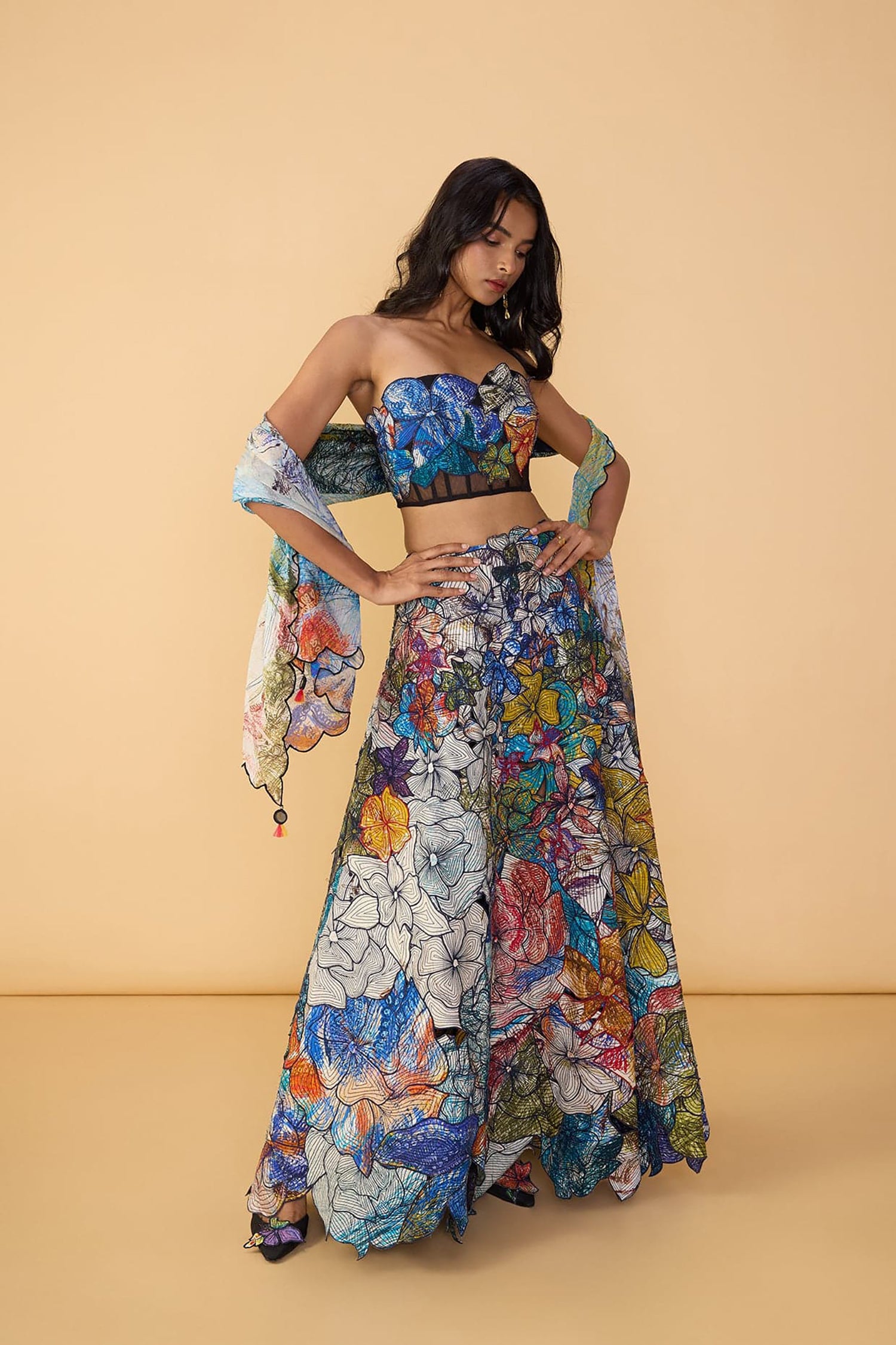 Larissa Corset Blouse, Zoya Lehenga Skirt and Scallop Dupatta