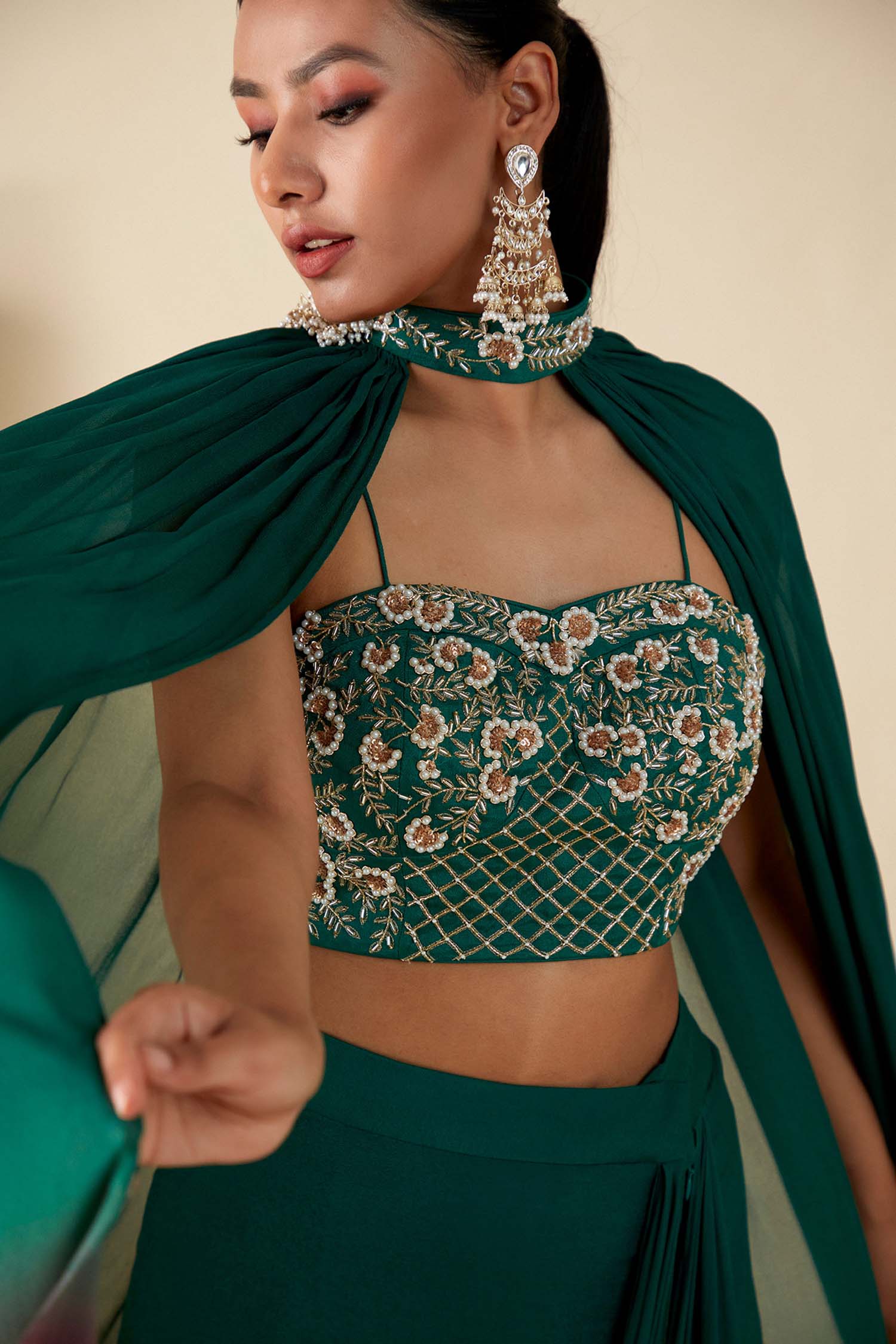 Mint Green Ruffle Drape Skirt Set with Crop Top and Dupatta - Georgette Crepe