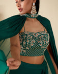 Mint Green Ruffle Drape Skirt Set with Crop Top and Dupatta - Georgette Crepe