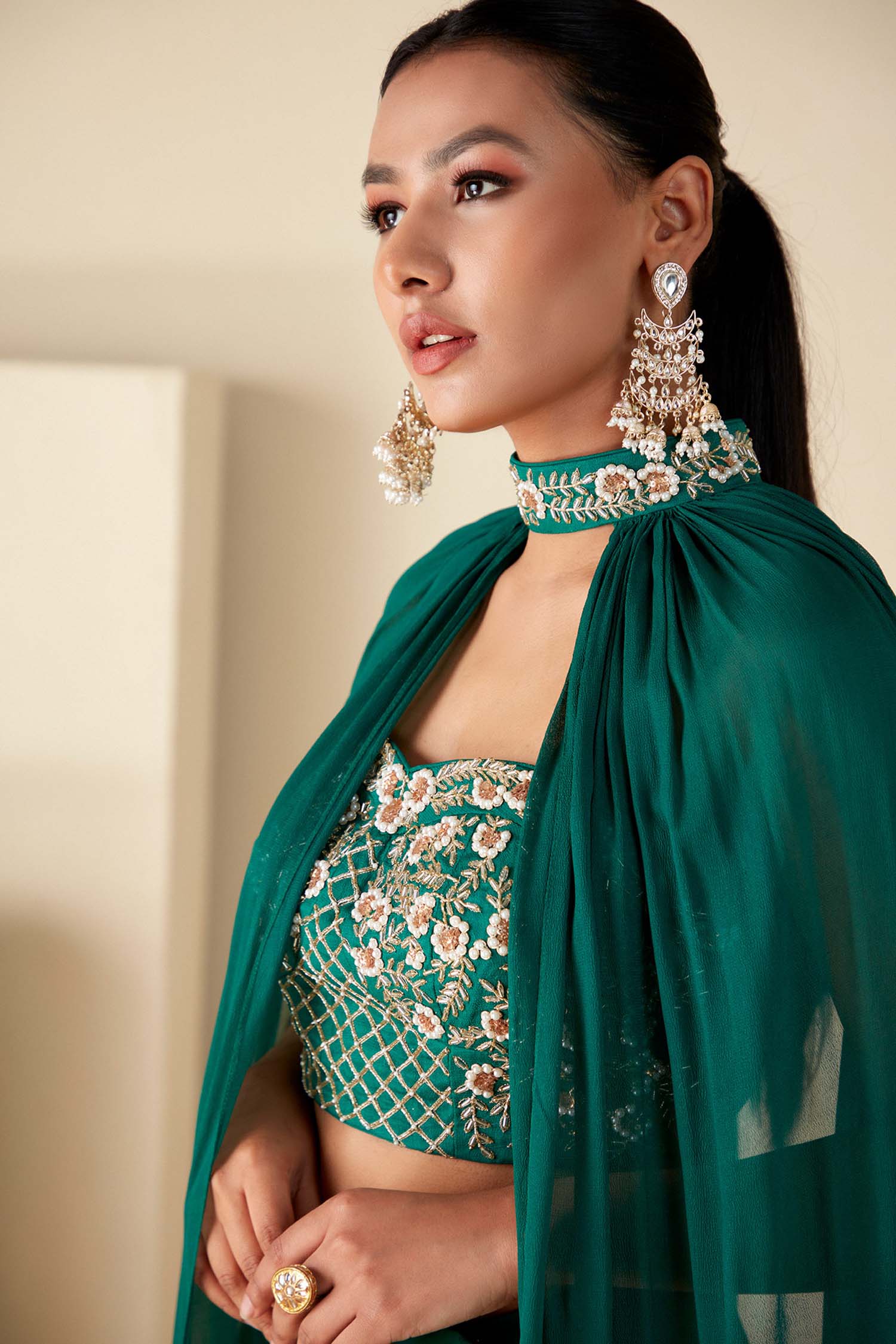 Mint Green Ruffle Drape Skirt Set with Crop Top and Dupatta - Georgette Crepe